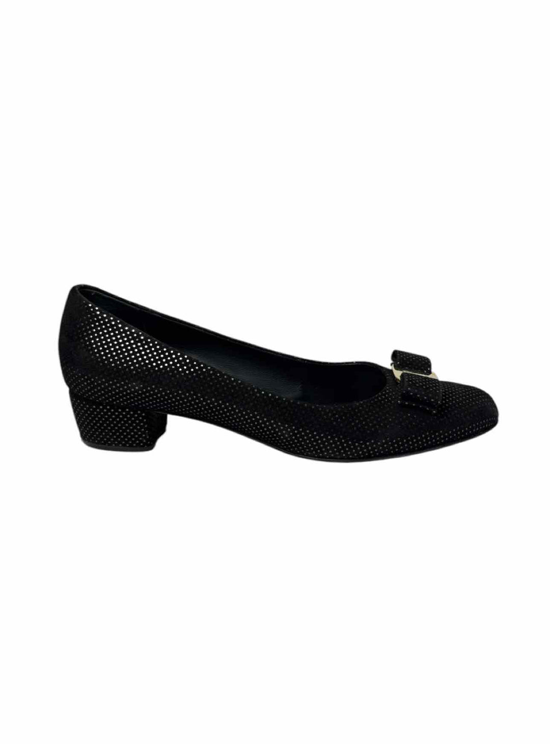 Ferragamo Size 8.5 Vara Bow Metallic Gold Dot Suede Pumps