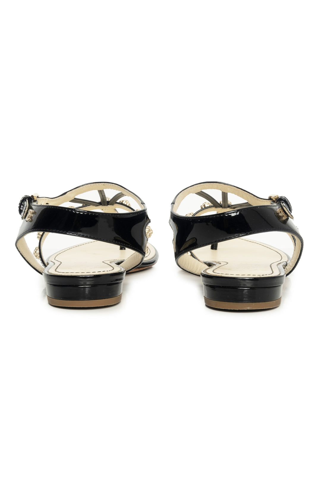 Chanel Size 35.5 Camellia Patent Leather Gladiator Sandals