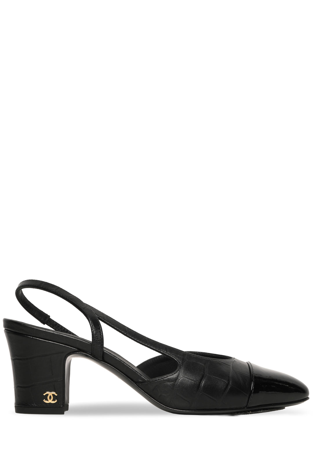 Chanel Size 37 Croc Embossed Patent Cap Toe CC Slingback  Pumps