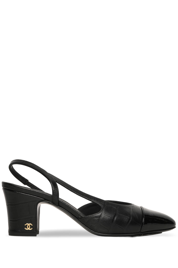 Chanel Size 37 Croc Embossed Patent Cap Toe CC Slingback  Pumps