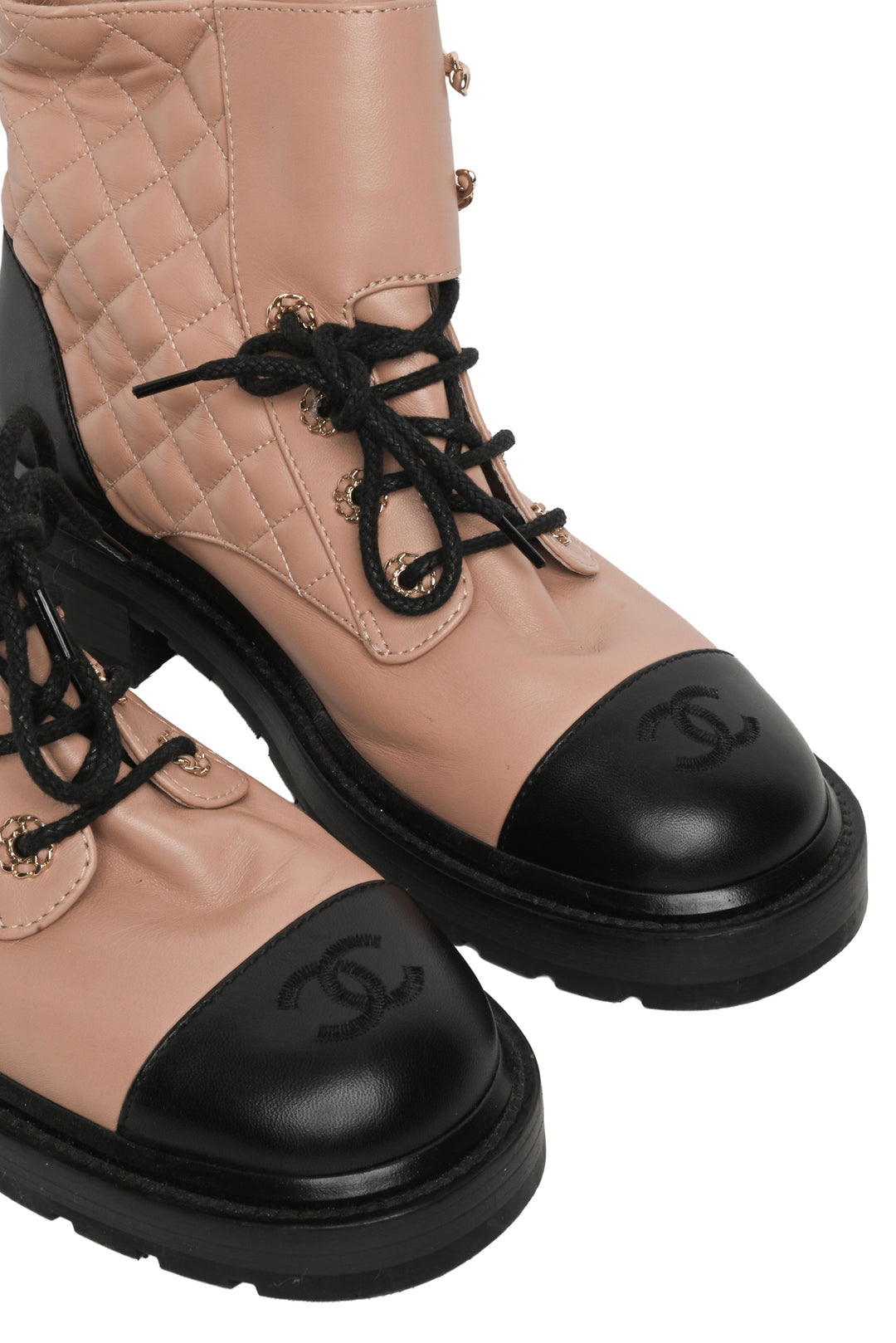 Chanel Size 39 CC Quilted Lace Up Combat Ankle Boots