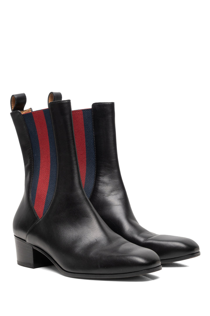 Gucci Size 35.5 Calfskin Web Karen Ankle Boots