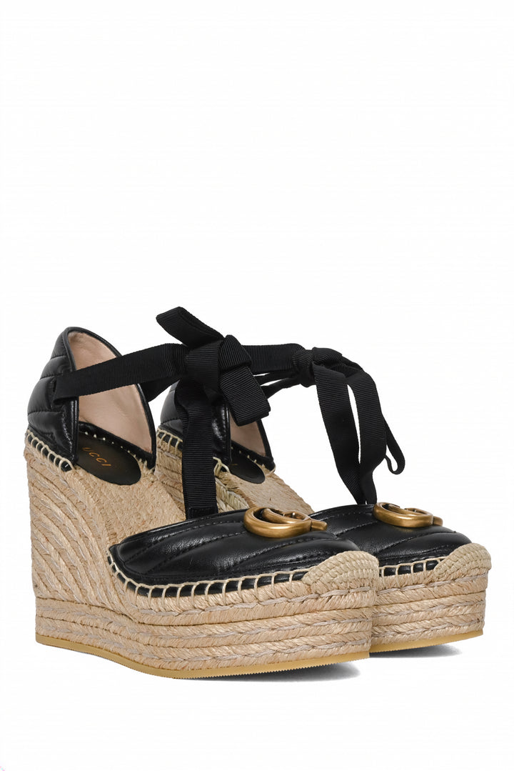 Gucci Size 35 Matelasse GG Marmont Ankle Wrap Platform Espadrille Wedges