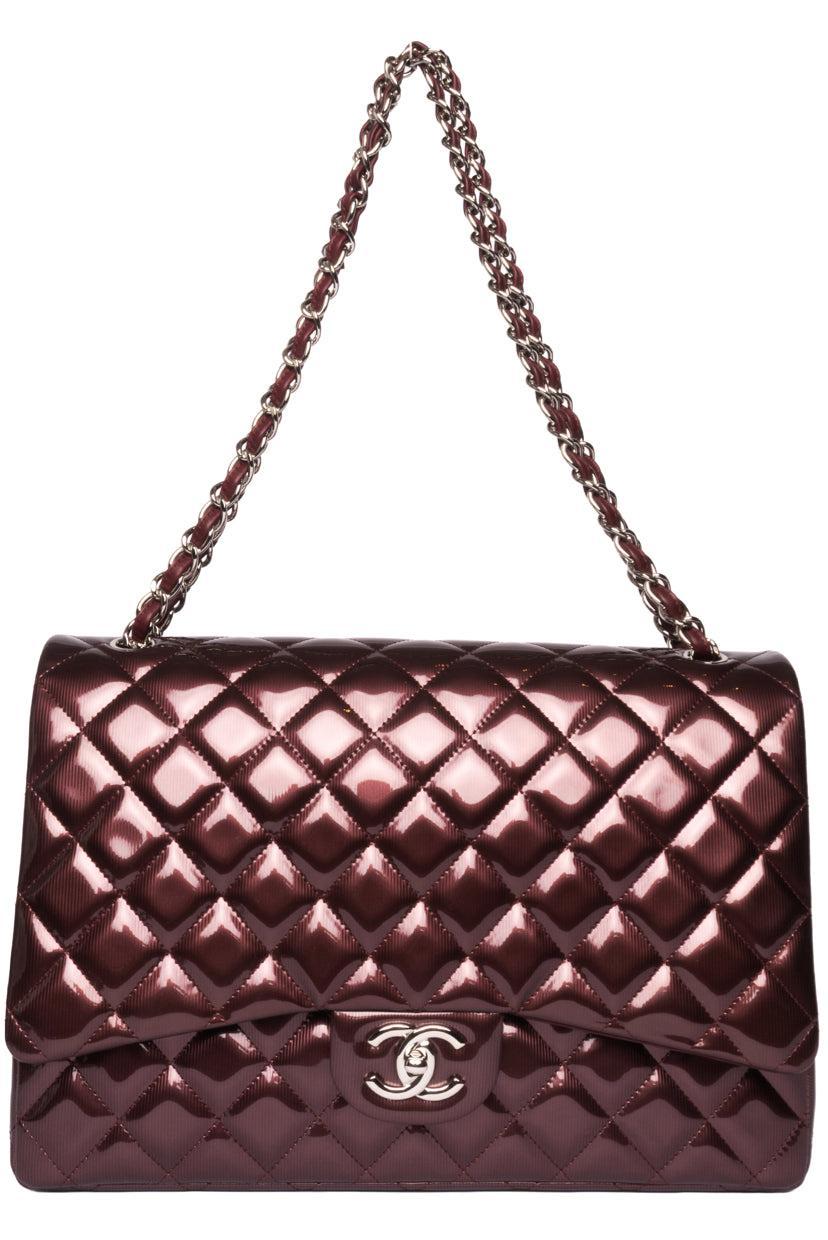 Chanel 2012 Striated Metallic Patent Leather Double Flap Maxi Shoulder Bag