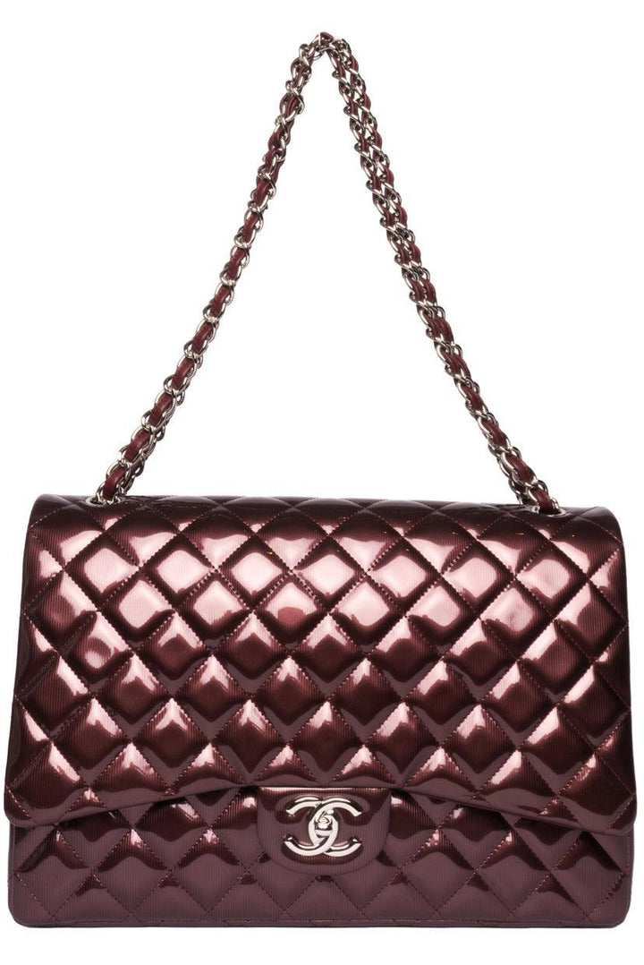 Chanel 2012 Striated Metallic Patent Leather Double Flap Maxi Shoulder Bag