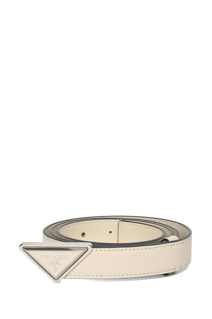Prada Size 34 Enamel Triangle Logo Buckle Saffiano Leather Belt