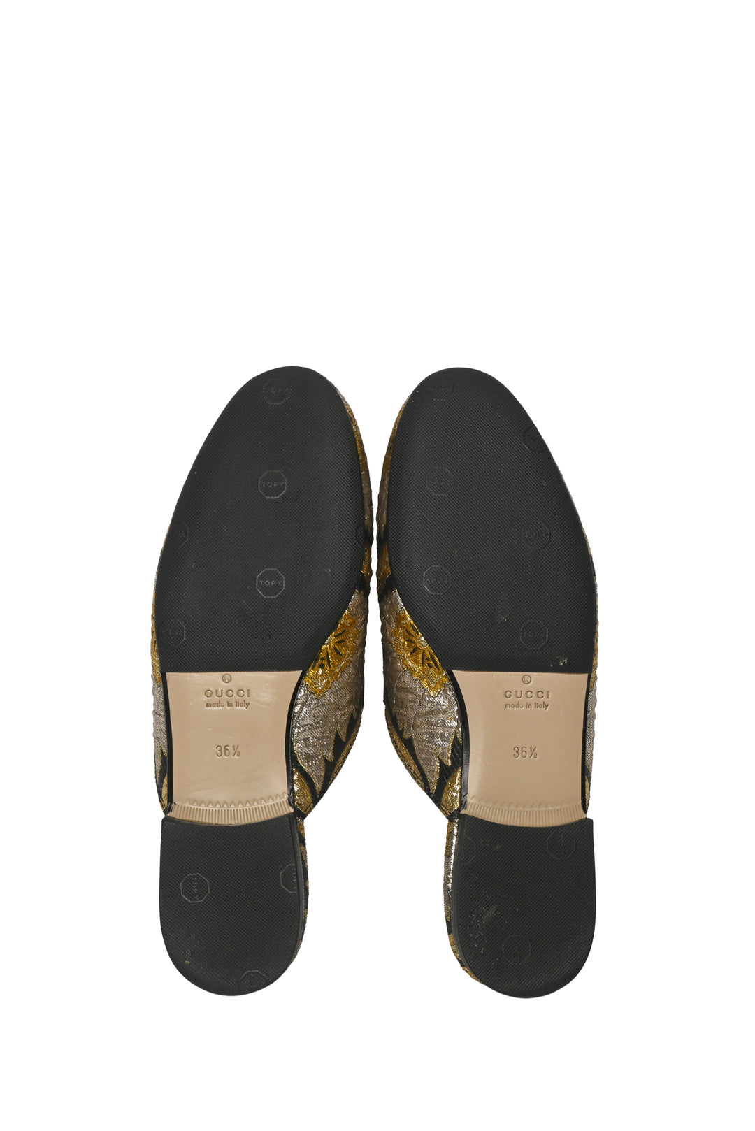 Gucci Size 36.5 Metallic Brocade Princetown Mules