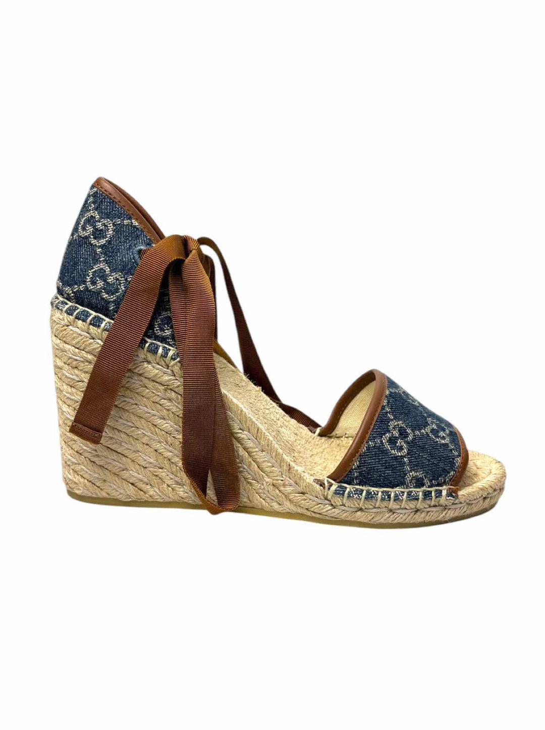 Gucci Size 38.5 Monogram Denim Espadrille Wedges