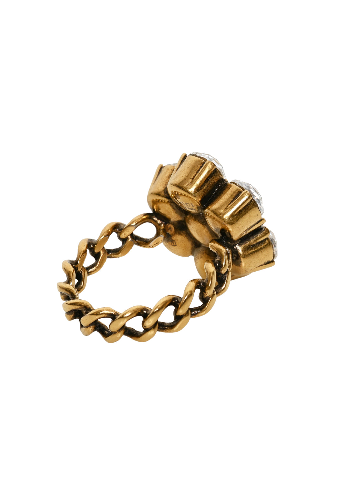 Gucci Size 8 Aged Gold Tone Metal Crystal Double G Flower Ring