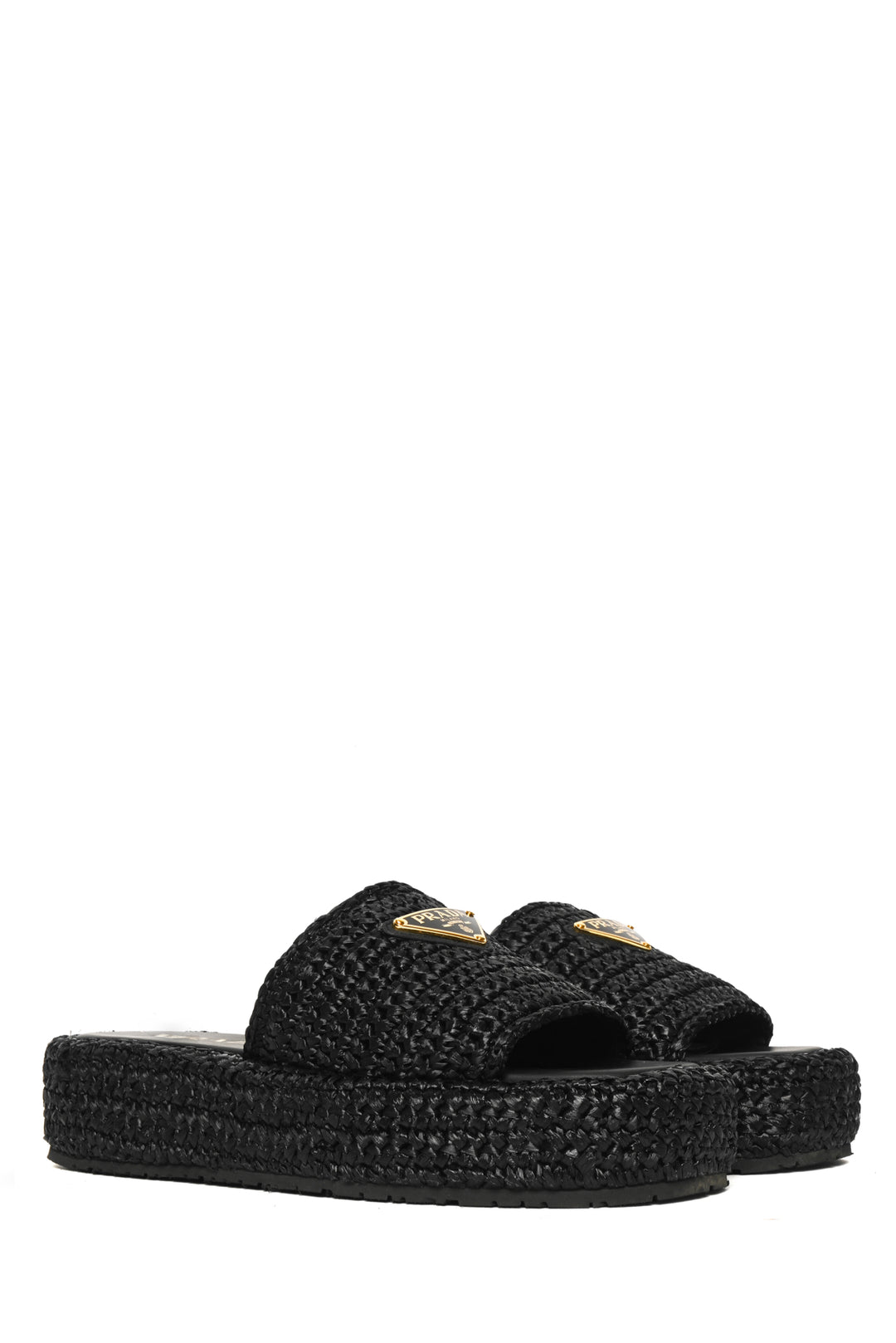 Prada Size 36 Enameled Triangle Logo Plaque Raffia Flatform Slide Sandals