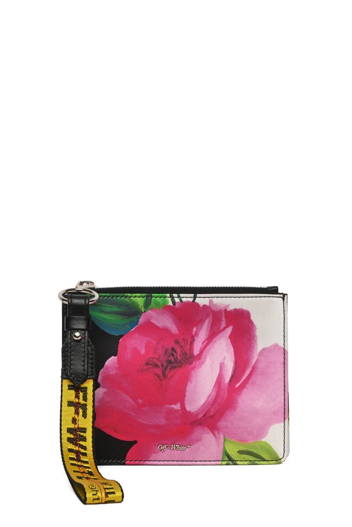 Off White Floral Pattern Zipped Double Flat Pouch Wristlet