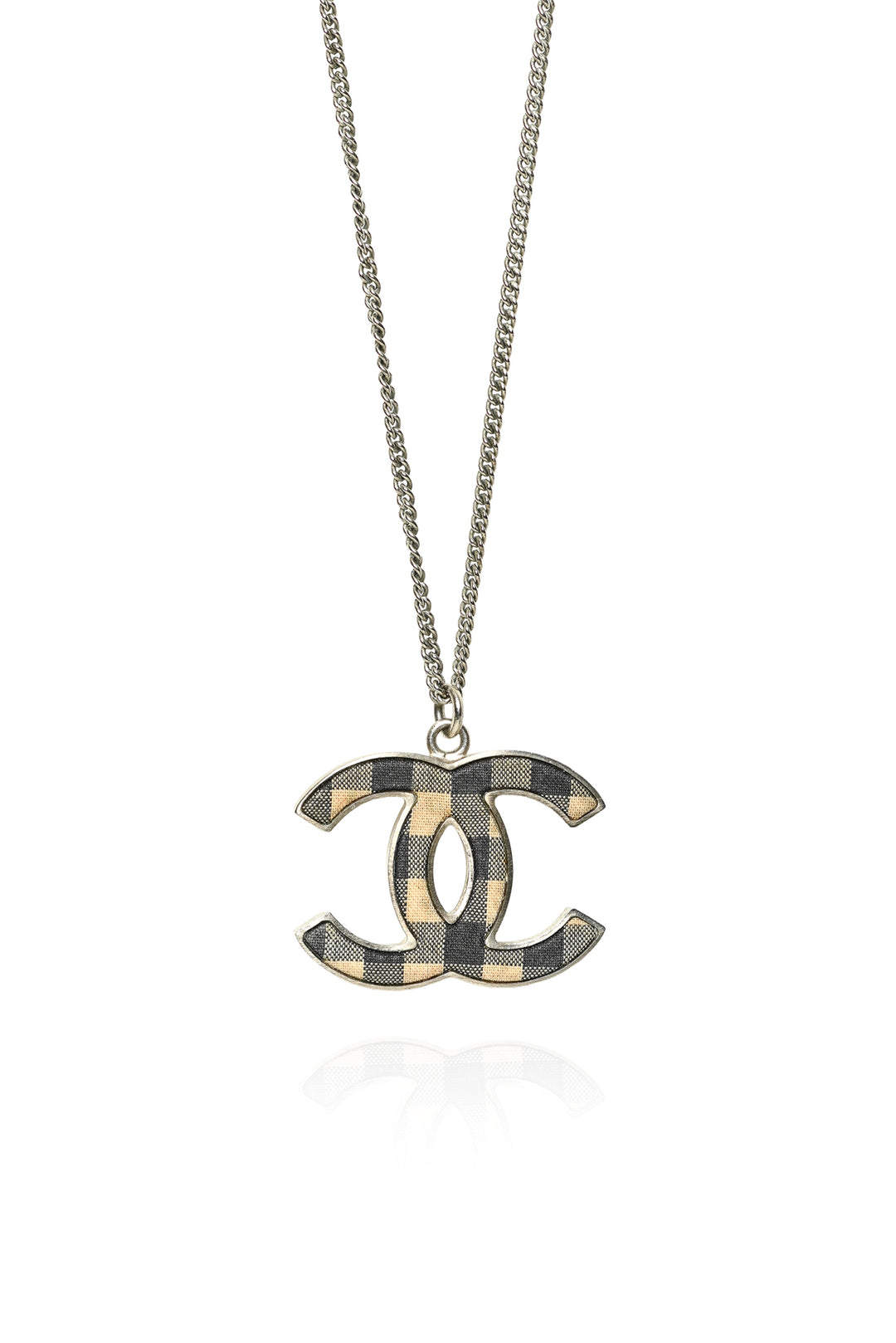 Chanel 2011 Check Print Fabric CC Logo Necklace