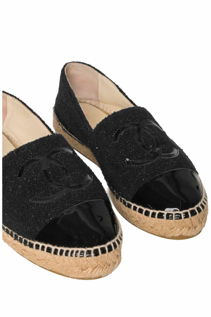 Chanel Size 37 Tweed Lambskin Patent CC Logo Espadrilles