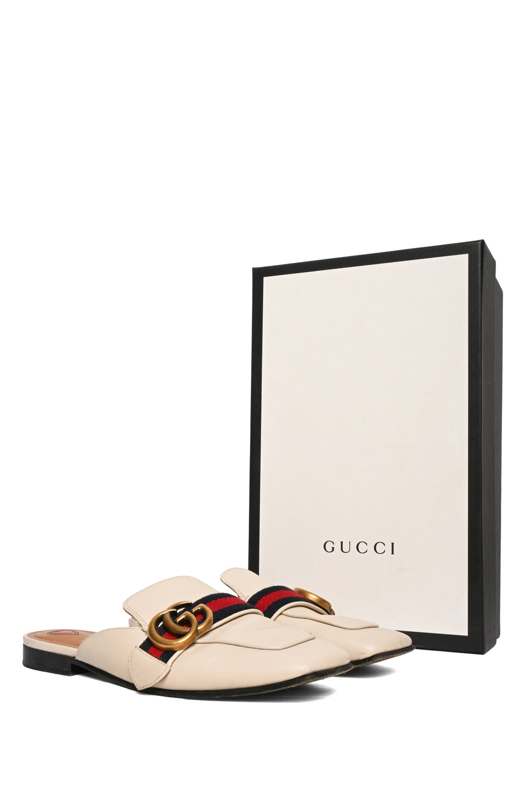 Gucci Size 35.5 Peyton GG Marmont Web Stripe Square Toe Leather Mules
