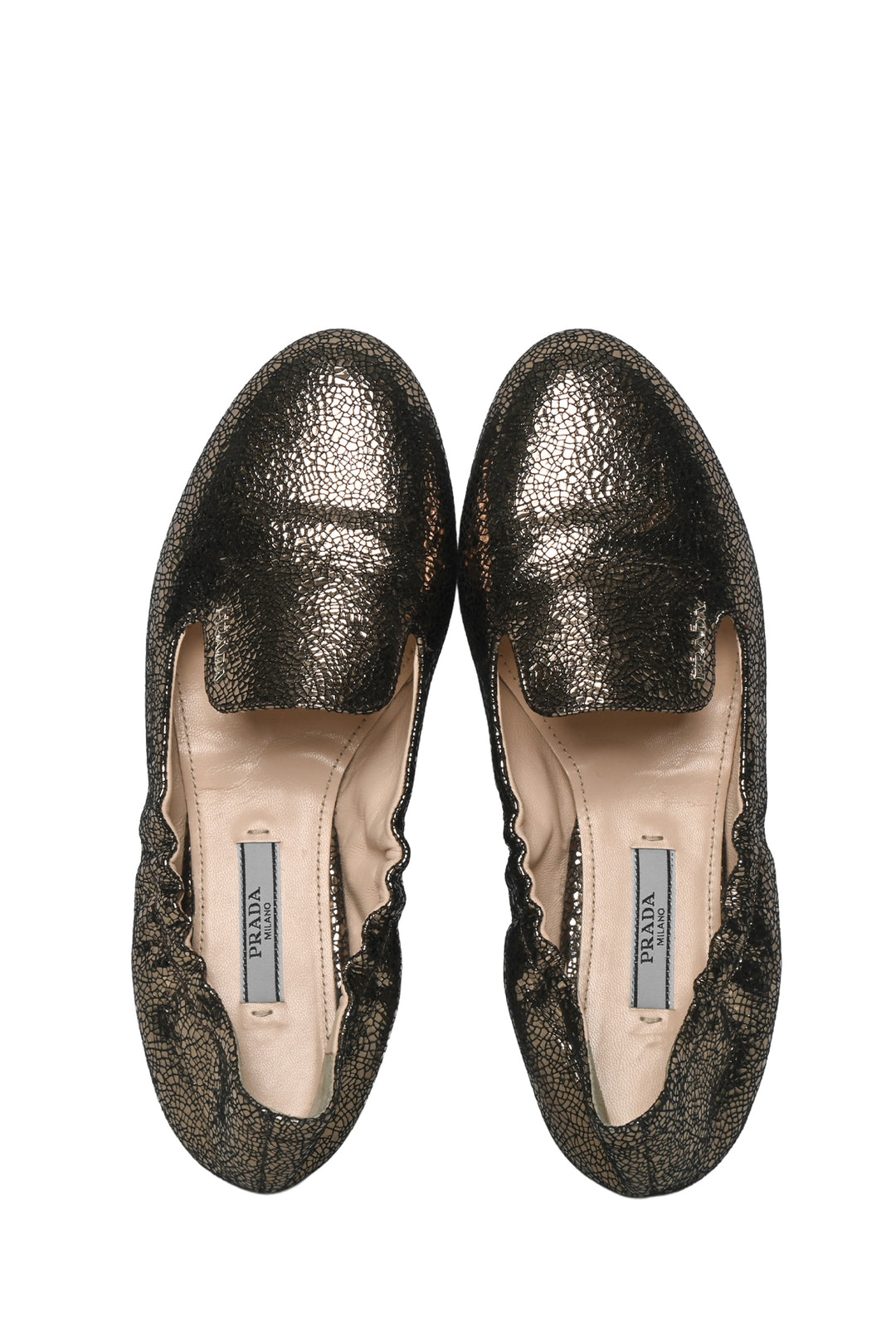 Prada Size 36 Crackle Finish Metallic Leather Flats