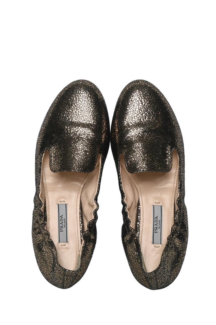 Prada Size 36 Crackle Finish Metallic Leather Flats