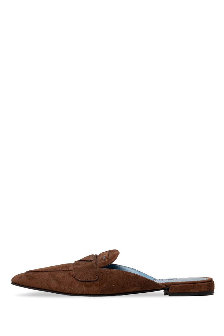 Prada Size 37.5 Suede Logo Pointed Toe Mules