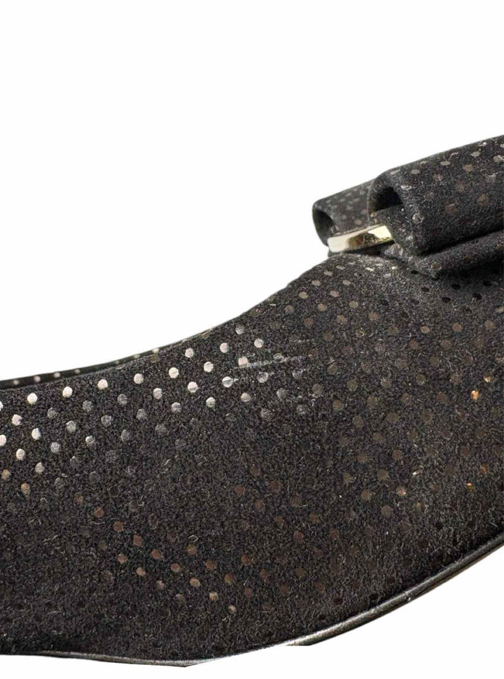 Ferragamo Size 8.5 Vara Bow Metallic Gold Dot Suede Pumps