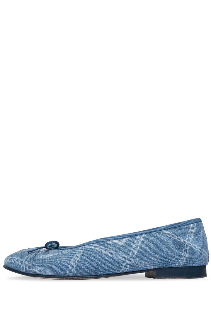Chanel Size 37.5 Denim Printed Cap Toe Ballerina Flats