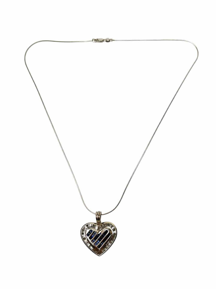 14K White Gold Necklace with Sapphire and Diamond Heart Pendant
