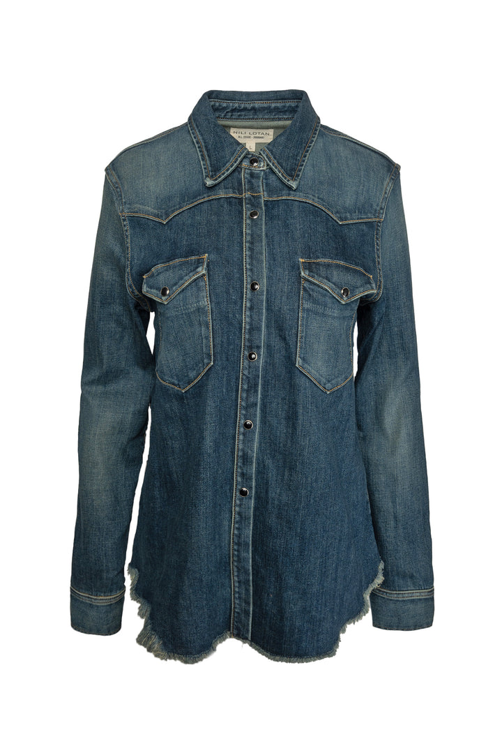 Nili Lotan Size L Travis Frayed Denim Shirt