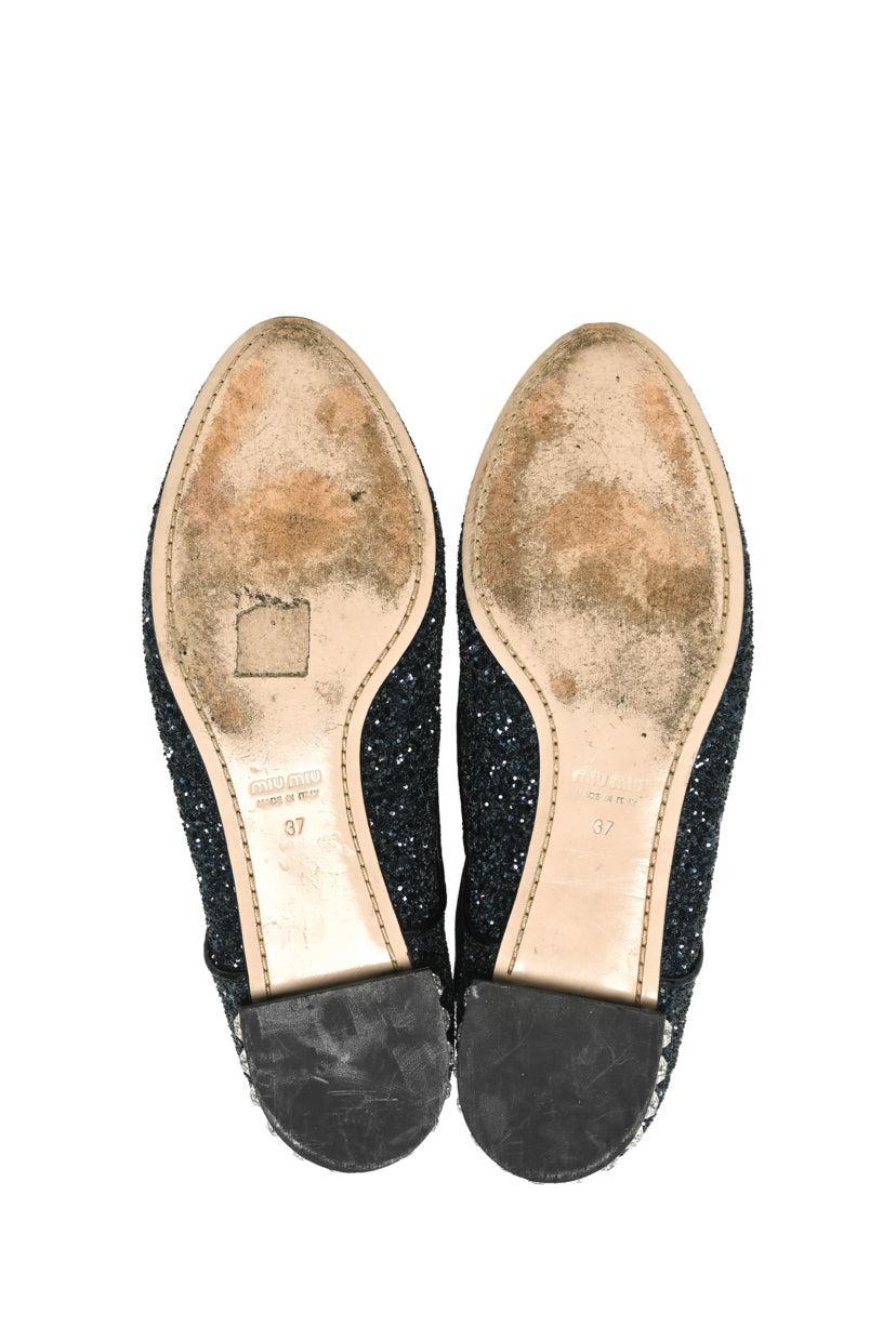 Miu Miu Size 37 Lace Up Glitter & Crystal Flats