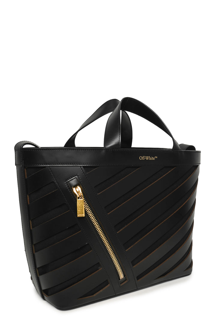 Off White Diagonal Cutout Leather & Canvas Tote