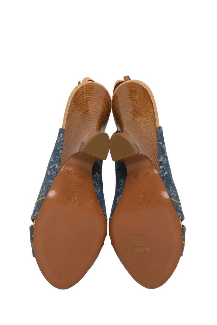 Louis Vuitton Size 37.5 LV Monogram Denim Slingback Heeled Sandals