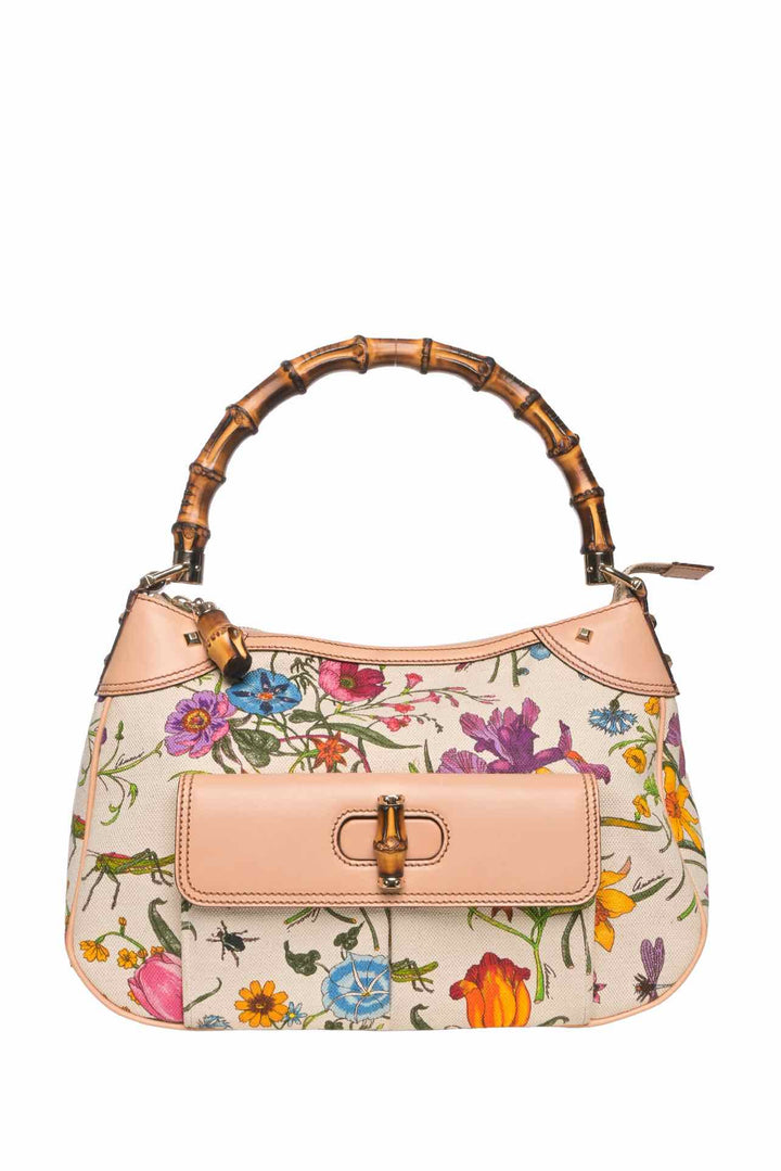 Gucci Flora Canvas Nailhead Bamboo Handle Bag