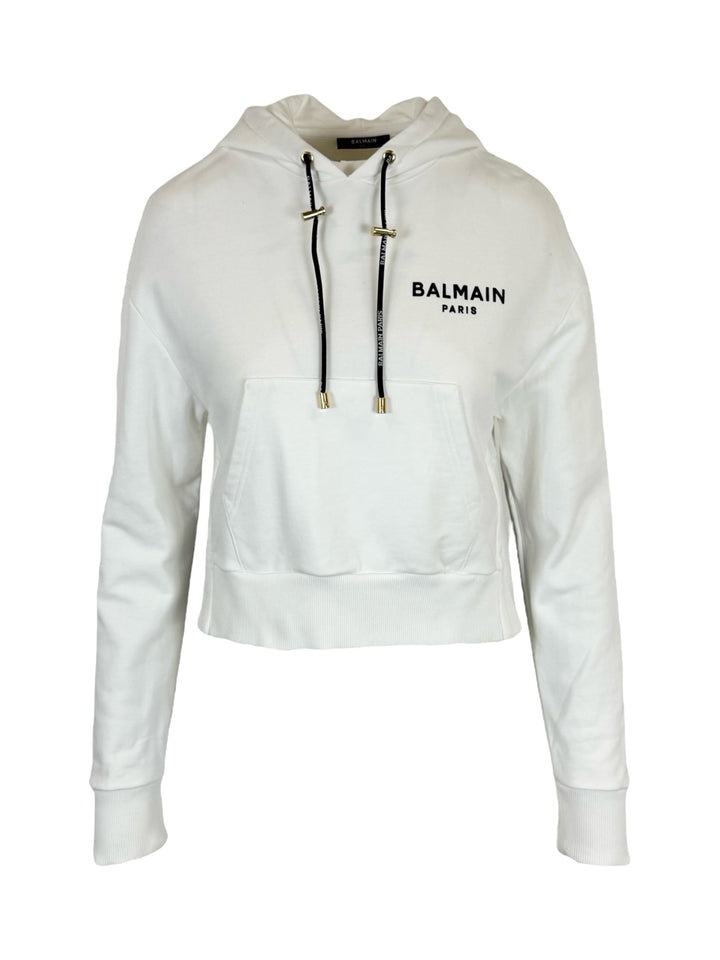 Balmain Size XS Logo Flocked Crop Hoodie