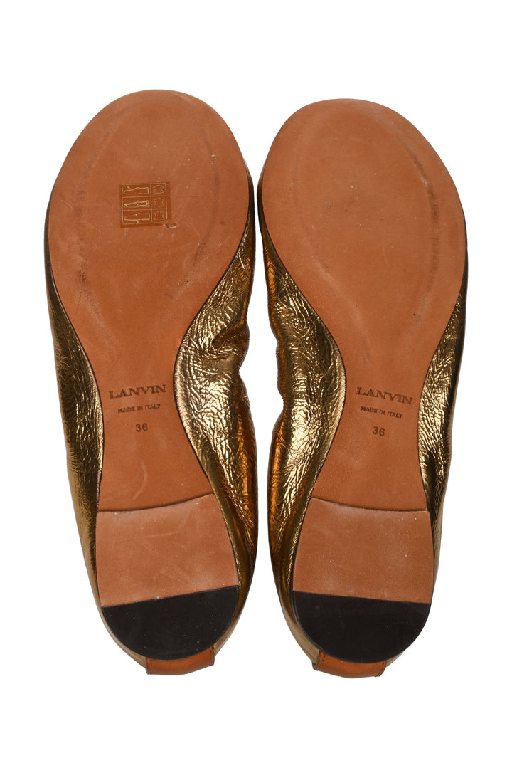 Lanvin Size 36 Metallic Ruched Ballerina Flats