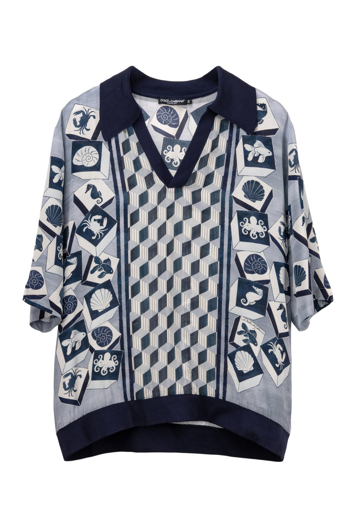 Dolce & Gabbana Size 44 Men's Marine Majolica Print Silk Polo Shirt