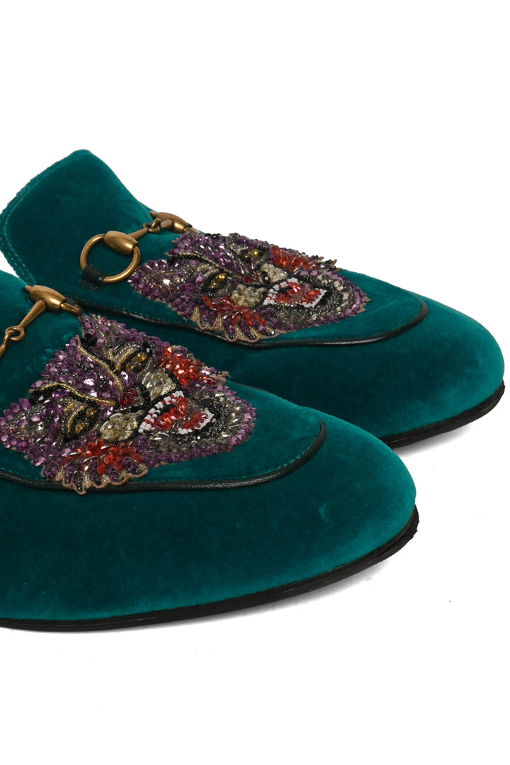Gucci Size 40 Velvet Tiger Embellished Princetown Mules