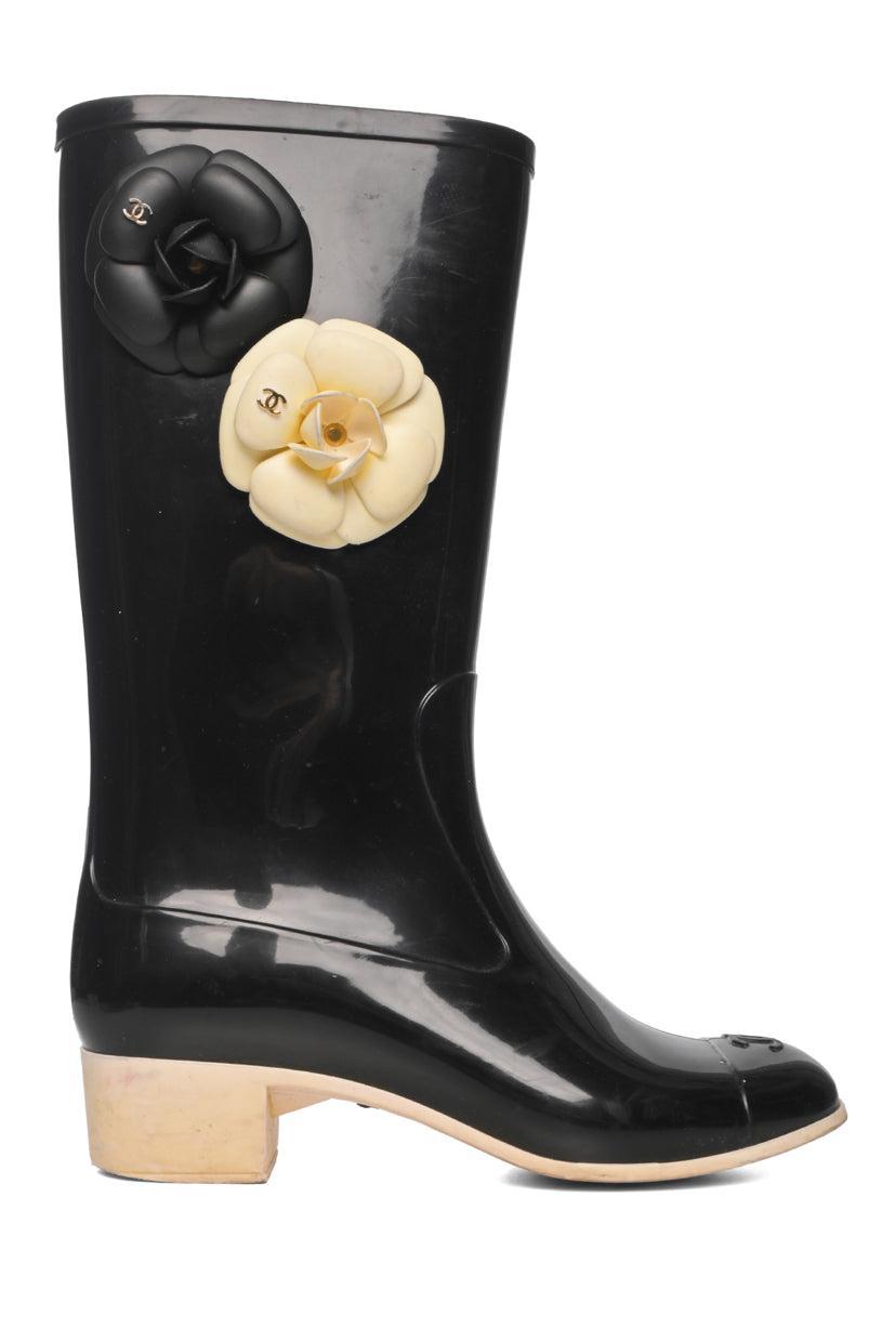 Chanel Size 36 Rubber Camellia Flower Rain Boots
