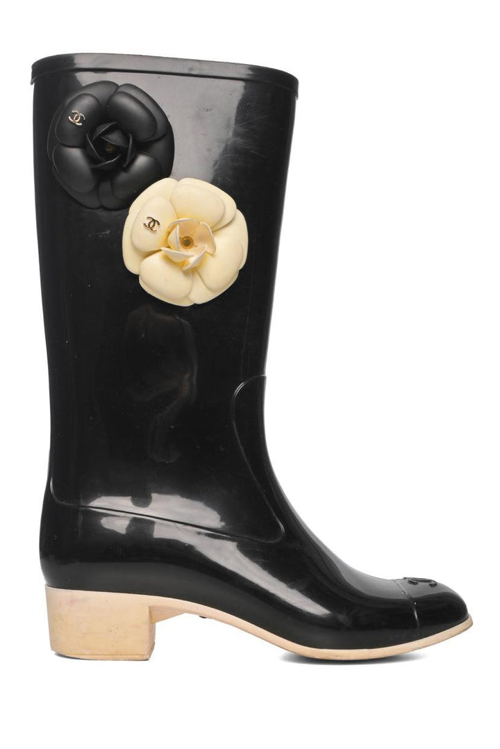 Chanel Size 36 Rubber Camellia Flower Rain Boots