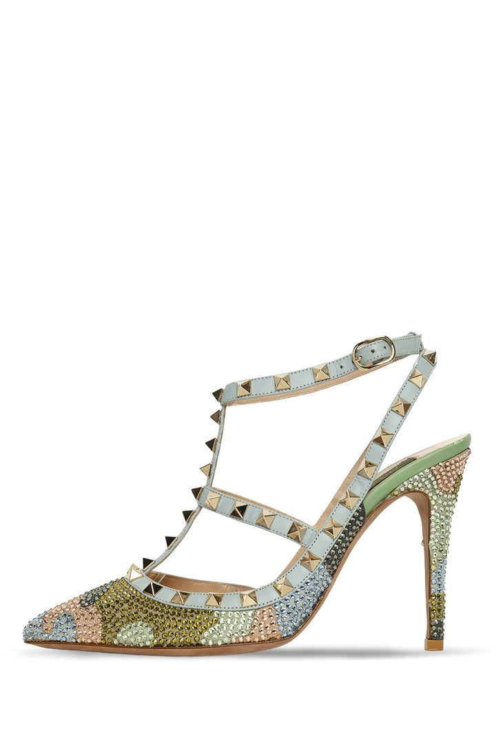 Valentino Size 38 Crystal Camouflage Rockstud Ankle Strap Pumps