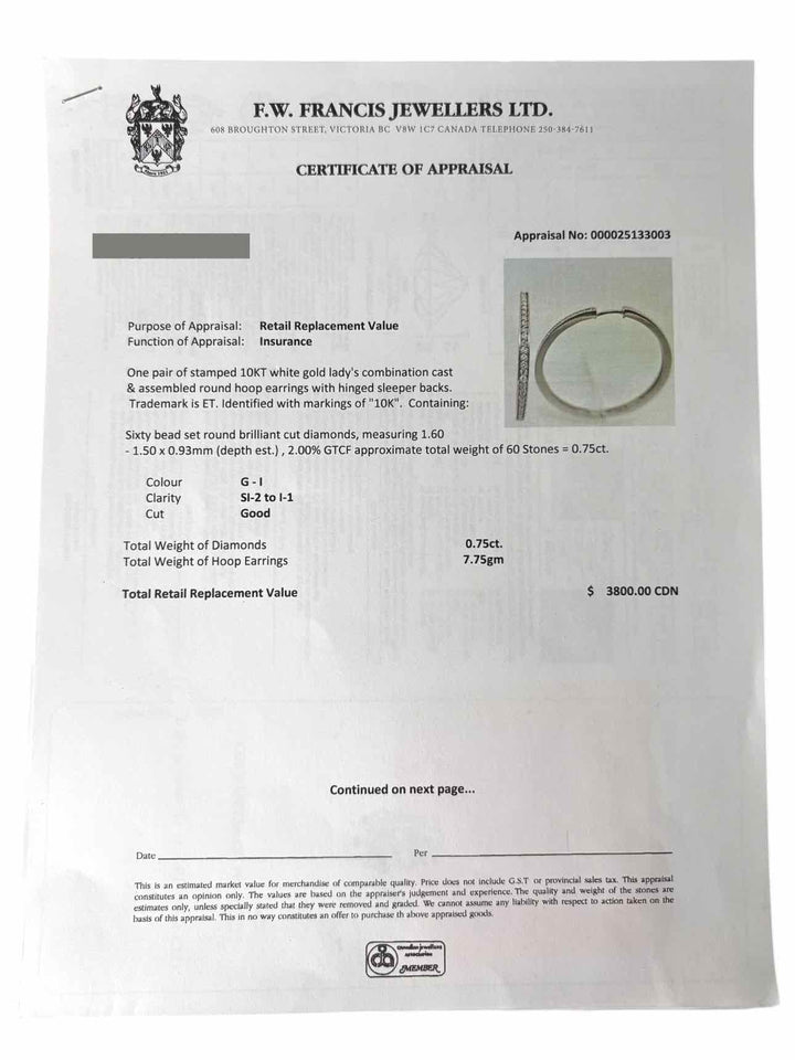 10KT White Gold Round Hoop 60 Diamond Stone Count Earrings