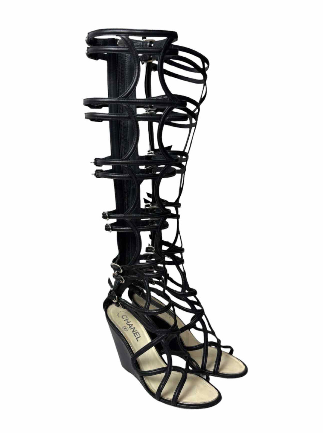 Chanel Size 38 Leather Gladiator Wedge Sandals