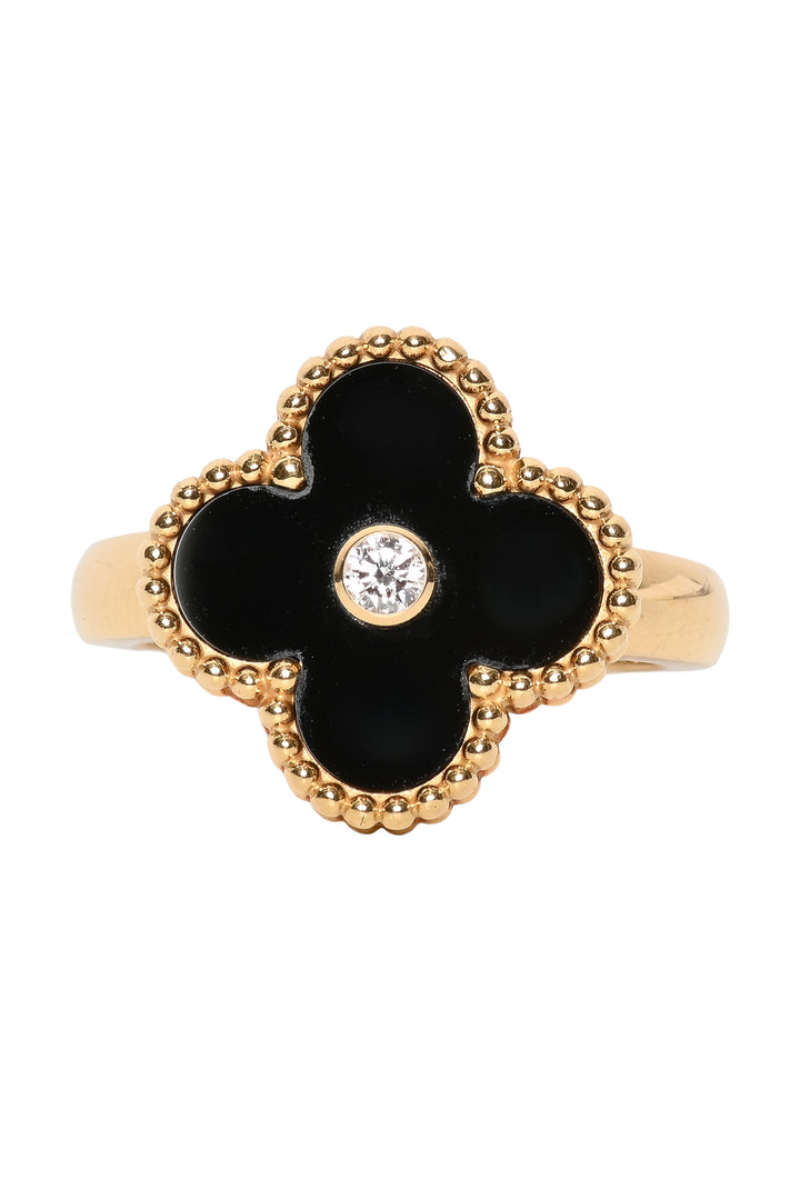 Van Cleef & Arpels Size 5 18K Yellow Gold, Onyx & Diamond Vintage Alhambra Ring