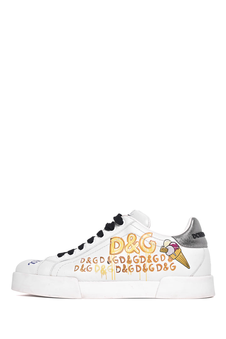 Dolce & Gabbana Size 38 Leather Graffiti Print Low-Top Sneaker