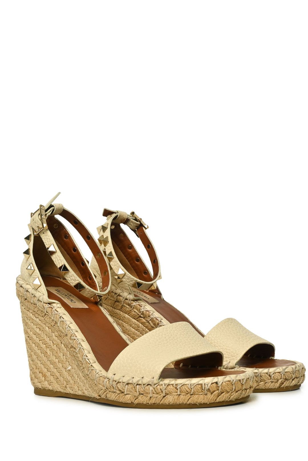 Valentino Size 38 Rockstud Leather Espadrilles Wedge Sandals