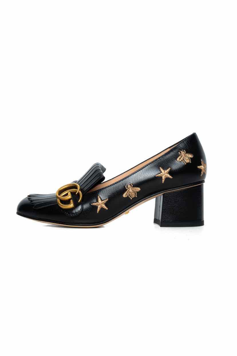 Gucci Size 37 Bee Star Embroidered GG Marmont Fringe Pumps