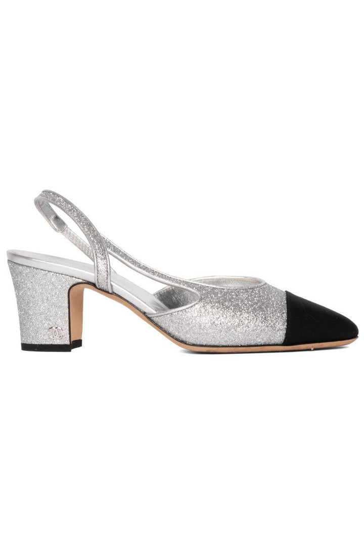 Chanel Size 37 Glitter & Grosgrain Cap Toe Slingback Pumps