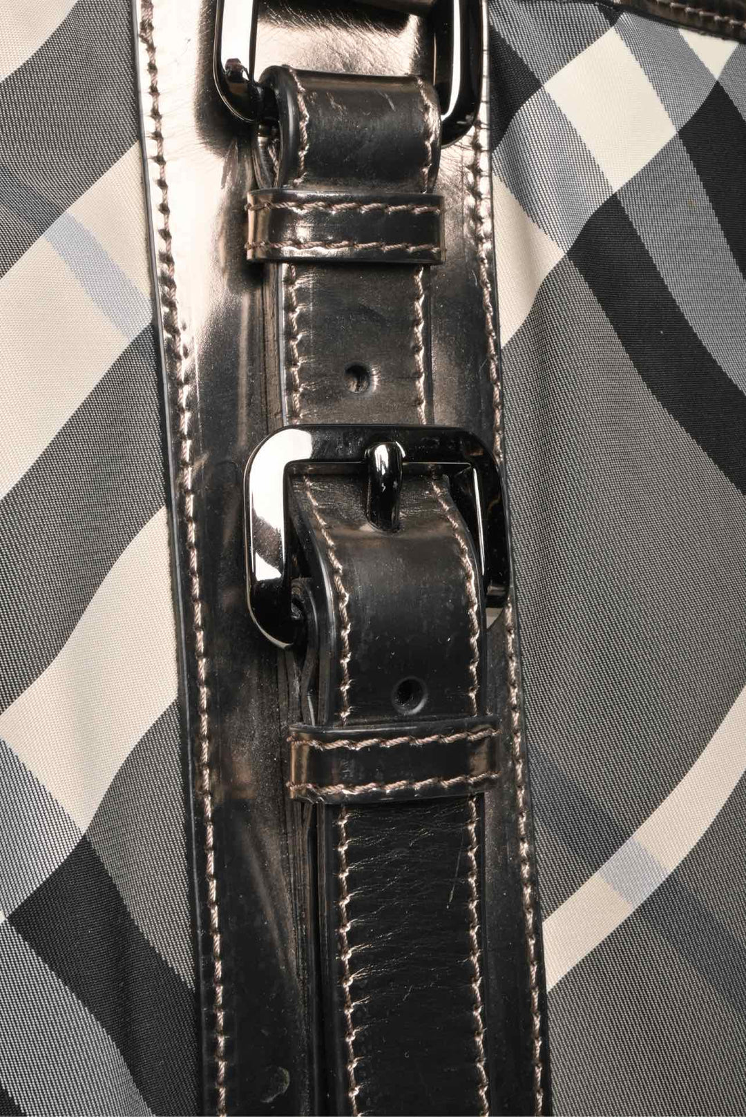 Burberry Beat Check Nylon & Metallic Patent Leather Victoria Tote