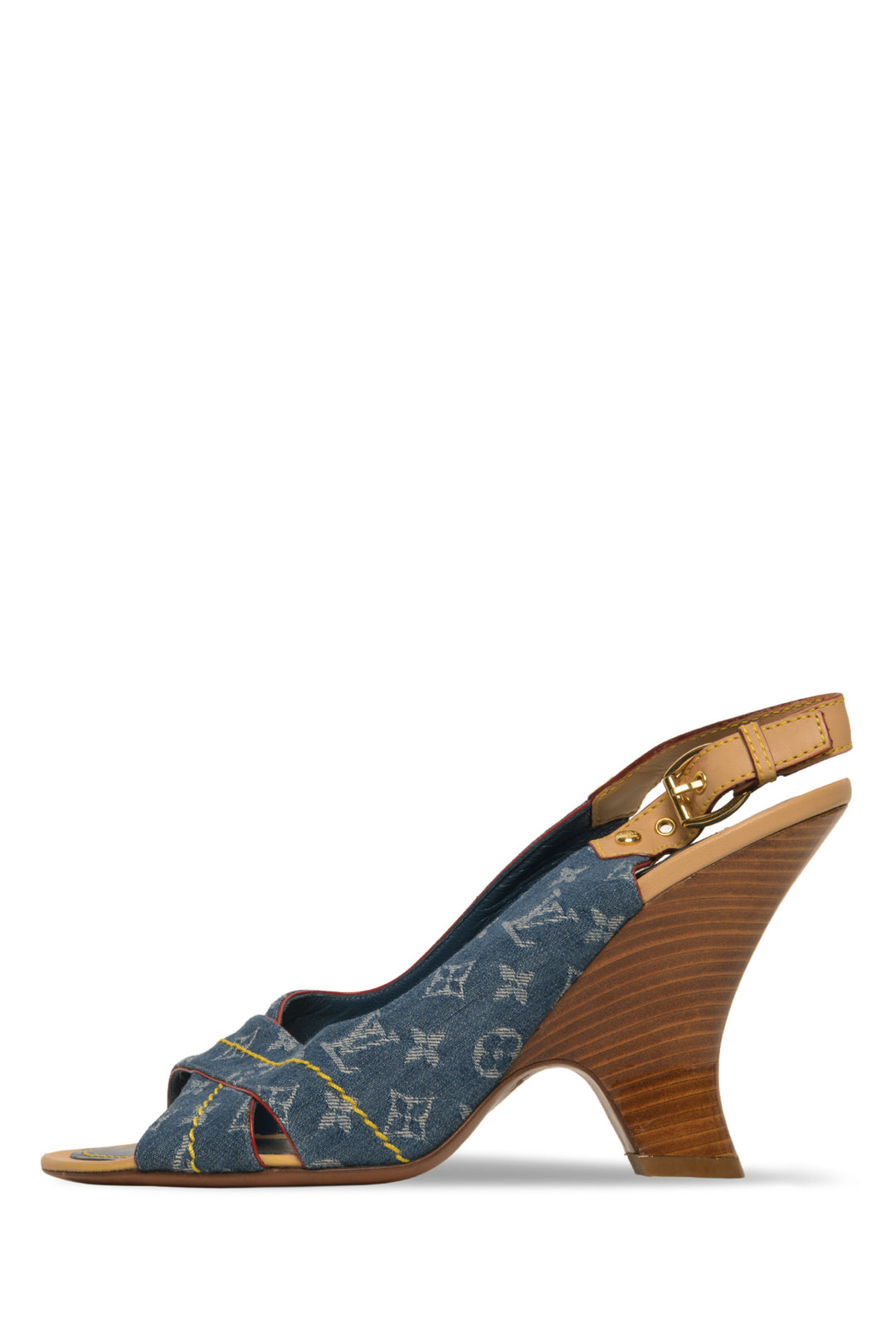 Louis Vuitton Size 37.5 LV Monogram Denim Slingback Heeled Sandals