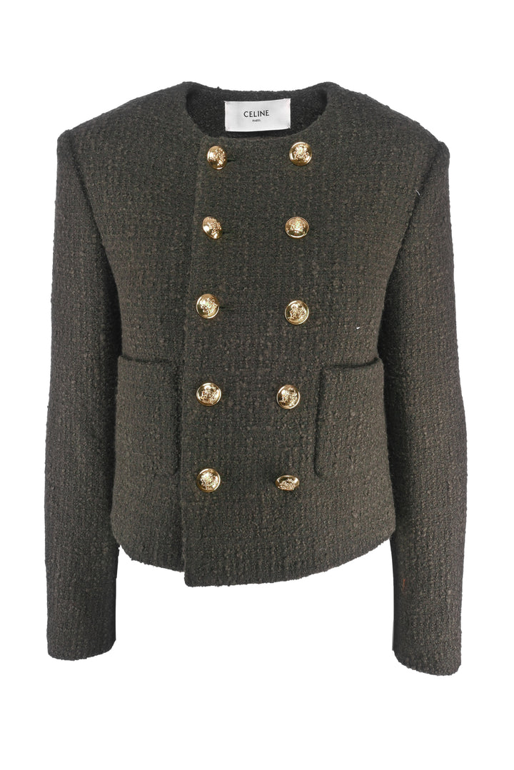 Celine Size 4 Boucle Tweed Chasseur Double Breasted Jacket