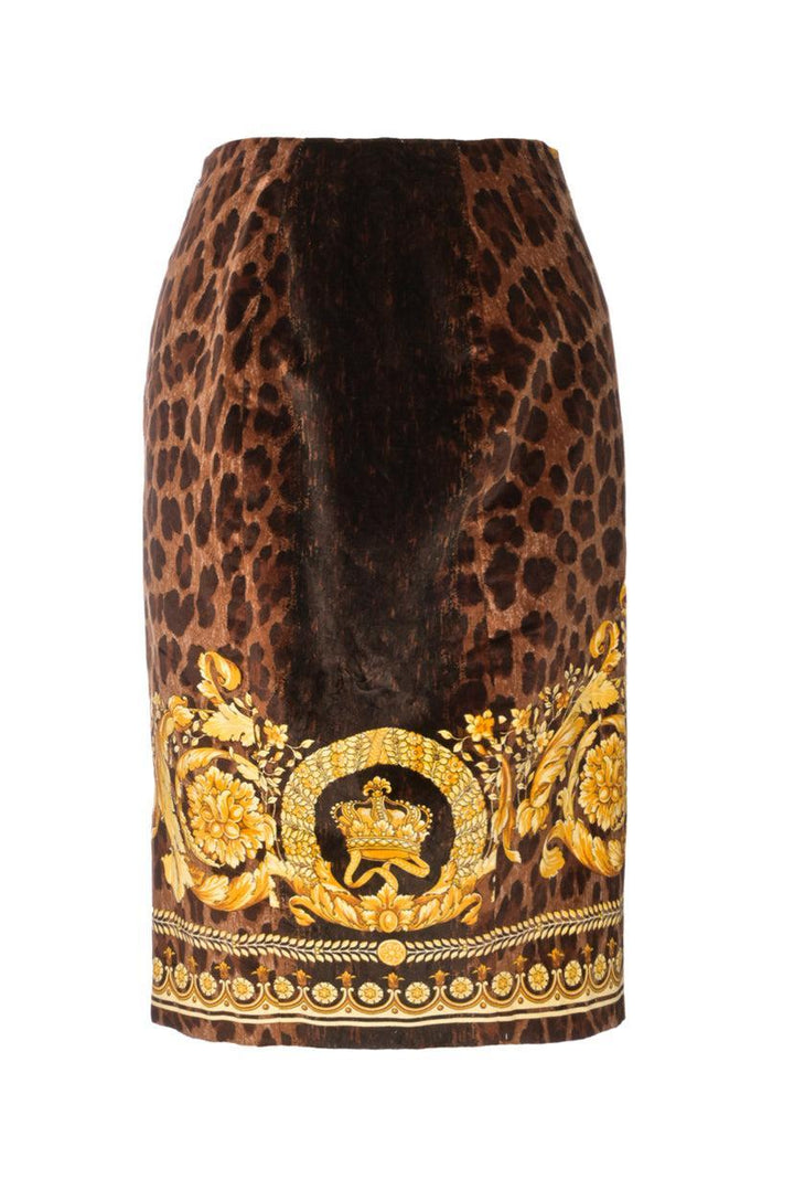 Versace Size 40 Leopard & Barocco Print Velour Knee Length Skirt
