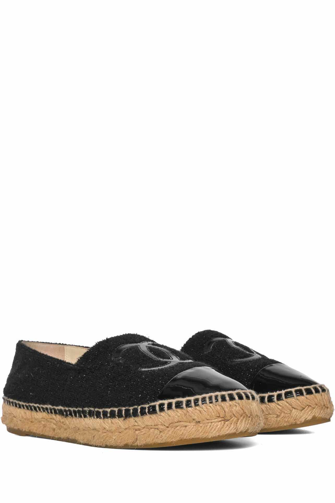 Chanel Size 37 Tweed Lambskin Patent CC Logo Espadrilles