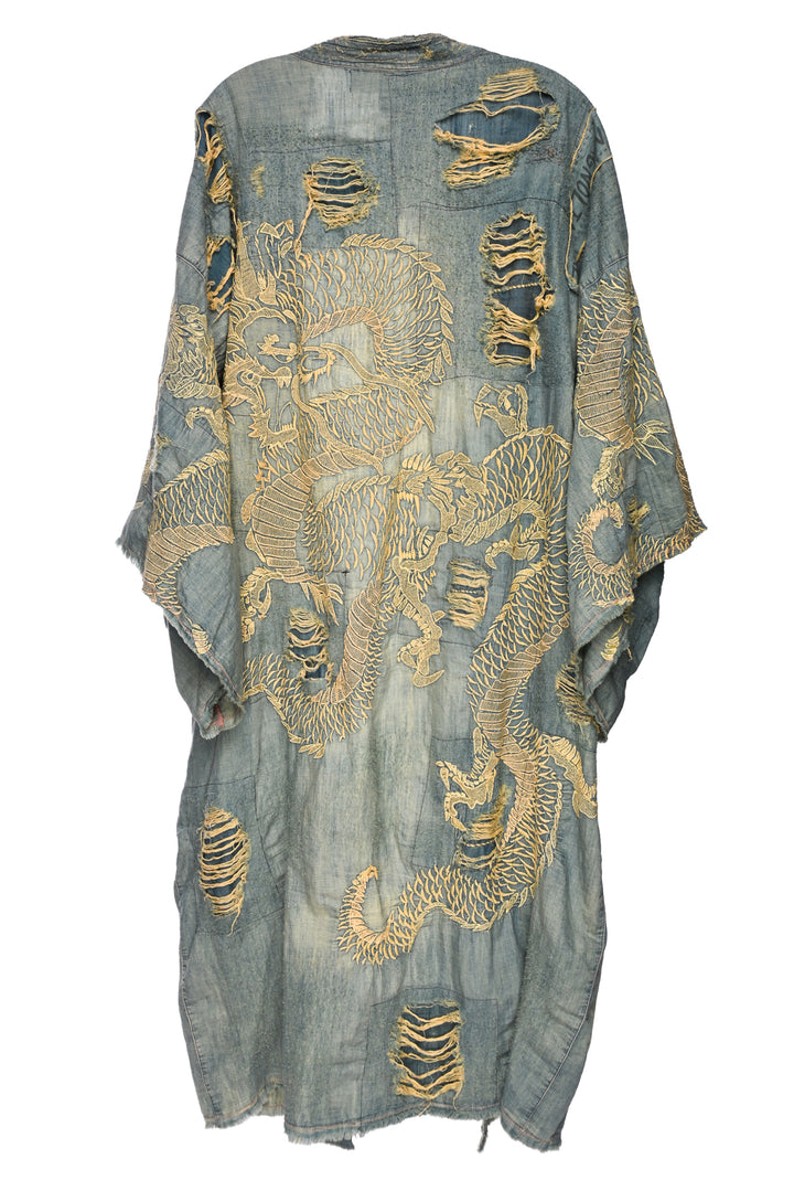 Magnolia Pearl Size OS Daiji Dragon Embroidered Distressed Denim Kimono