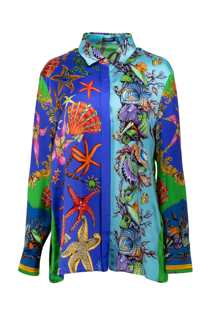 Versace Size XL Silk Ocean Print Blouse & Pleated Mini Skirt Set